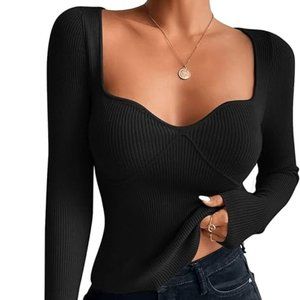 NWOT Women's Casual LS Sweetheart Neck Ribbed Knit Top Slim Fit Pullover Sweater